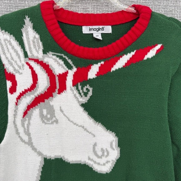 imagin8 Unicorn Christmas Sweater Women Medium Green Red Holiday Ugly Sweater - Picture 3 of 11